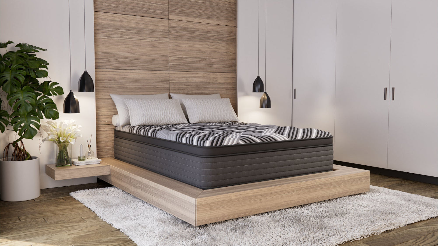 A firm euro top mattress with copper rest memory foam, displayed in a bedroom setting with wooden headboard and a zebra-striped bed cover.